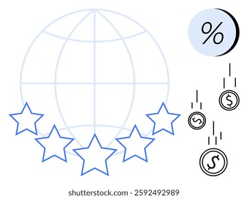 Large globe grid with five blue stars falling coins next to a percentage symbol. Ideal for customer satisfaction, quality assurance, global business, financial growth, economic analysis, performance