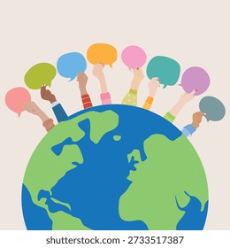 Large globe with raised hands holding speech bubbles, symbolizing worldwide diversity, shared voices, and inclusive communication.