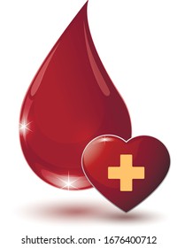 large glossy red drop of blood with medical sign heart on a white background