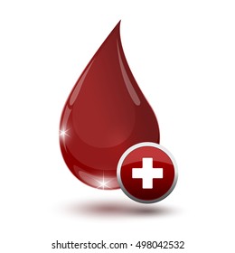 large glossy red drop of blood with medical sign on a white background