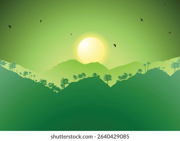 A large, glowing sun setting or rising over multiple layers of lush green mountains and tropical trees