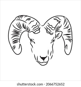 Large goat horns screwed shape from back, sketch vector drawing in graphic style on white background