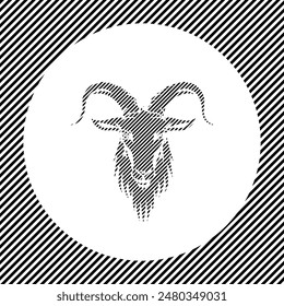 A large goat symbol in the center as a hatch of black lines on a white circle. Interlaced effect. Seamless pattern with striped black and white diagonal slanted lines