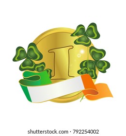 A large gold coin wrapped in ribbon in the colors of the flag of Ireland. Thickets of clover. St.Patrick 's Day. Vector object, isolated on white background.