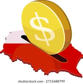Eine große Gold-Dollar-Münze, die in einen Schlitz auf einer Karte Polens mit ihren Nationalflaggenfarben eingefügt wird. Konzept für Investitionen, Wirtschaft oder finanzielle Ersparnisse in Polen. (ausgeschnitten)