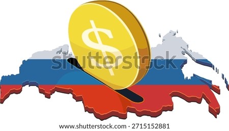 A large gold dollar coin being inserted into a slot on a map of Russia, painted with the national flag. Concept for investment, economy, or financial savings in Russia. (cut out)