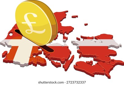 Uma grande moeda de libra de ouro sendo inserida em uma fenda em um mapa da Dinamarca com suas cores da bandeira nacional. Conceito para investimento, economia ou poupança financeira na Dinamarca. (recortar)