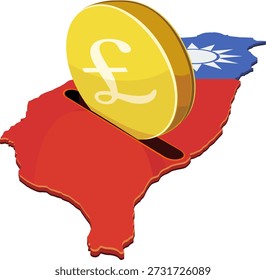 A large gold pound coin being inserted into a slot on a map of Taiwan with its national flag colors. Concept for investment, economy, or financial savings in Taiwan (cut out)