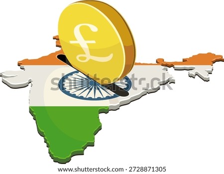 A large gold pound coin being inserted into a slot on a map of India with its national flag colors. Concept for investment, economy, or financial savings in India. (cut out)