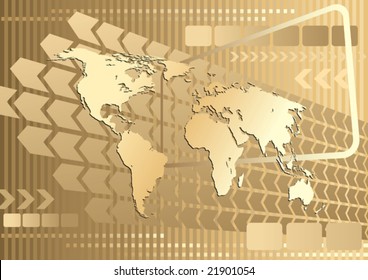 Large gold world map on an abstract background, conceptual business illustration. The base map is from Central Intelligence Agency Web site.