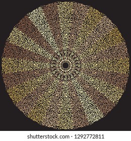 Large golden and bronze mandala consisting of small gradient chaotically scattered circles on a black background, eps 8