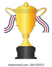 A large golden cup for the winner with red white and blue ribbon isolated over a white background