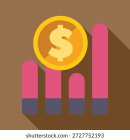 Grande moneda de oro de dólar está flotando sobre un creciente gráfico de barras sobre un fondo marrón