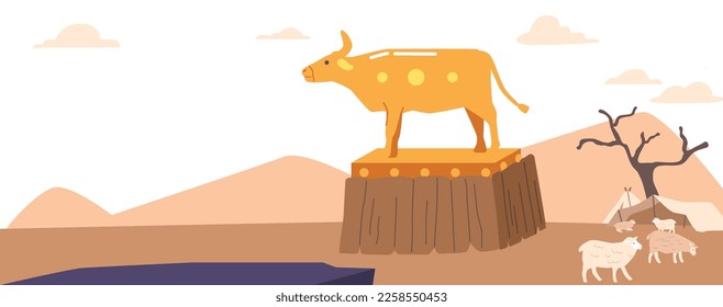 Large Golden Taurus Standing on Pedestal in Desert. Ancient Jews Statue of Domestic Animal for Worship. Famous Biblical Narrative about Sin of Creating Idol. Cartoon Vector Illustration