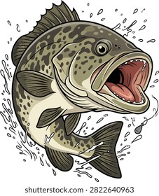 Large Goliath Grouper Illustration with Open Mouth, Deep Sea Bottom Fishing Scene, Vector Art with Dynamic Water Splash for Fishing Logo. 


