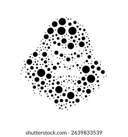 A large gorilla head symbol in the center made in pointillism style. The center symbol is filled with black circles of various sizes. Vector illustration on white background