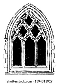 Large Gothic Window Tracery commonly used during the fourteenth century, stone had to be individually shaped, technical aspects of the windows, vintage line drawing or engraving illustration
