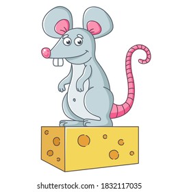 a large gray mouse stands on a piece of cheese. a well-fed rat. flat vector character illustration.