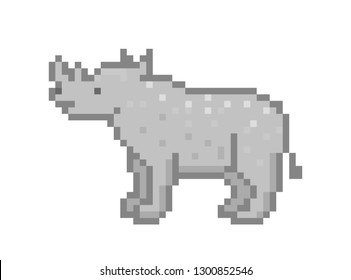 Large gray rhinoceros standing on the ground, 8 bit pixel art character isolated on white background. African wildlife animal symbol. Zoo/national park/safari rhino logotype/emblem/mascot/icon/sign.