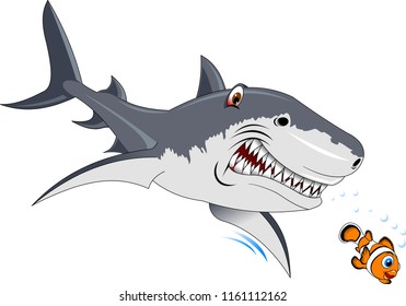 A large gray shark hunts for a small fish, vector
