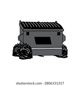 Large gray steel dumpster unit with black plastic garbage bags