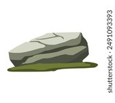 Large gray stone on mossy ground vector illustration, lichen grey rock vector art, moss rock stone clip art image, nature landscape elements