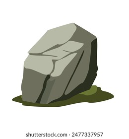 A large gray stone on the mossy ground, big moss rock vector illustration, isolated on white background