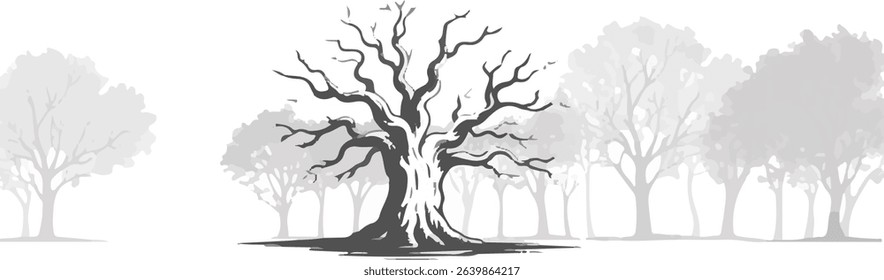 Large Gray Tree with Bare Branches in a Light Gray Forest