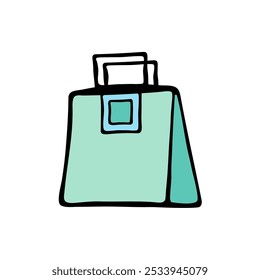 Large green bag with clasp. Bags for fashion ads, seasonal sales, and store promotions. Sketch illustration. Vector image.