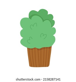 A large green bush in a brown tub in a cartoon style on a white background. Vector illustration in doodle style