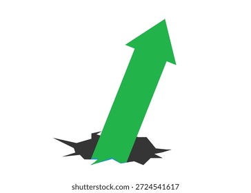 Large Green Business Arrow Emerging from a Hole, rising Up, Representing Economic and Business Breakthrough, Recovery, and Profit Growth