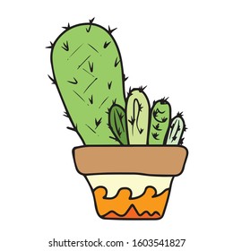 A large green cactus and four small cacti in a brown pot with a yellow pattern.Vector illustration.Form for banners, postcards. Nature