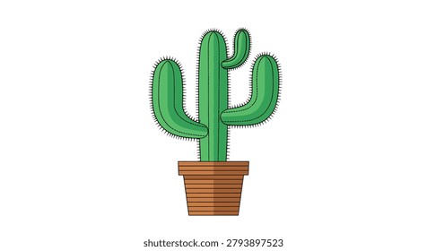 Large green cactus with several arms and sharp needles in a terracotta pot for desert landscape and houseplant enthusiast.