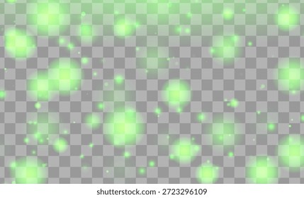 Grande nube verde que libera partículas de polvo verde que caen en varios tonos, tamaños y transparencia, incluidas partículas muy esponjosas, sobre un fondo a cuadros claro. Efecto mágico de Vector.
