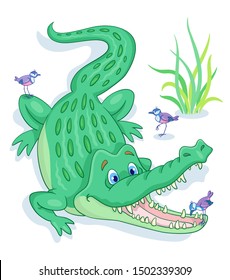 A large green crocodile and three small birds. One of the birds is brushing a crocodile’s teeth. In cartoon style. Isolated on white background. Vector illustration.