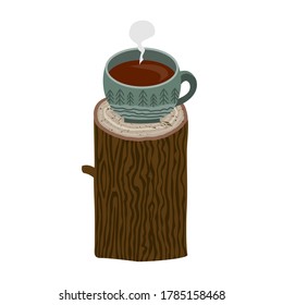 A large green Cup with a pattern with hot coffee or tea on a log. Vector illustration in a flat style on a white background isolated.