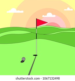 A large green golf course at sunset. Vector graphics.