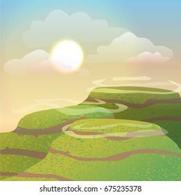 Large green grass covered hills with peaks covered with lenticular clouds. Beautiful morning summer or early autumn vector landscape can be used in newsletter, brochures, postcards, banner.