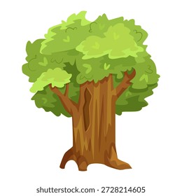 Árvore verde grande frondosa com tronco marrom em estilo de desenho animado no fundo branco. Conceito de natureza, crescimento, floresta e meio ambiente. Ilustração vetorial