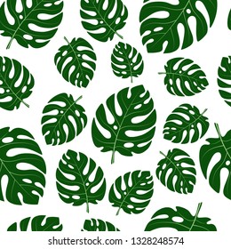 Large green leaves of a tropical monstera plant on a white background. Seamless pattern. Vector illustration for your design.