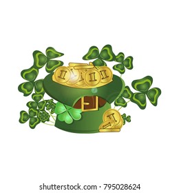 A large green leprechaun hat filled with gold coins. Thickets of clover. St.Patrick's Day. Vector object, isolated on white background.
