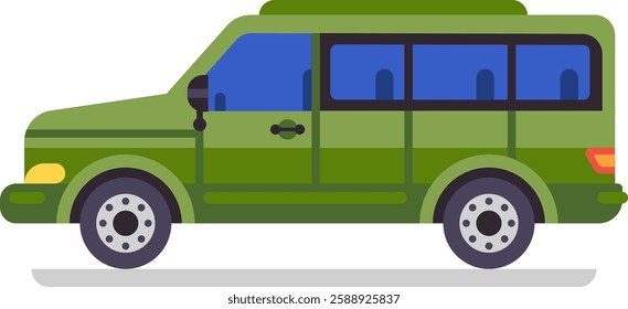 Large green minivan with tinted windows driving on a clean white background, presenting a side view of a versatile family car or commercial vehicle ideal for various journeys