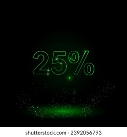 A large green outline 25 percent symbol on the center. Green Neon style. Neon color with shiny stars. Vector illustration on black background