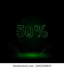 A large green outline 50 percent symbol on the center. Green Neon style. Neon color with shiny stars. Vector illustration on black background