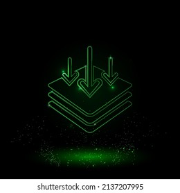 A large green outline absorbent symbol on the center. Green Neon style. Neon color with shiny stars. Vector illustration on black background