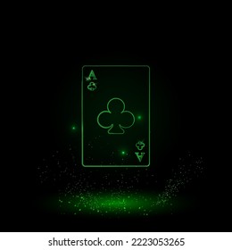A large green outline ace of clubs card on the center. Green Neon style. Neon color with shiny stars. Vector illustration on black background