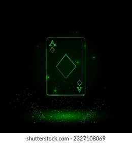 A large green outline ace of diamond card on the center. Green Neon style. Neon color with shiny stars. Vector illustration on black background