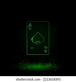 A Large Green Outline Ace Of Spades Card On The Center. Green Neon Style. Neon Color With Shiny Stars. Vector Illustration On Black Background