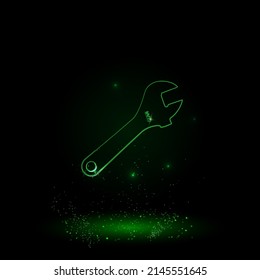 A large green outline adjustable wrench symbol on the center. Green Neon style. Neon color with shiny stars. Vector illustration on black background