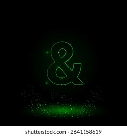 A large green outline ampersand symbol on the center. Green Neon style. Neon color with shiny stars. Vector illustration on black background